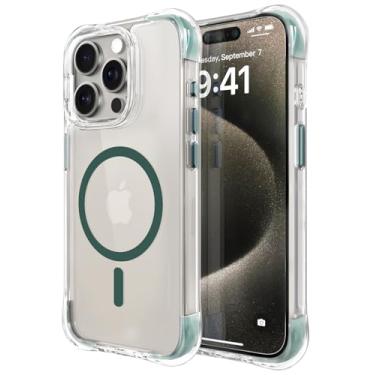 Imagem de OTOFLY Capa compatível com iPhone 15 Pro, compatível com Magsafe, capa magnética à prova de choque, não amarela, traseira transparente antiarranhões, verde pinho
