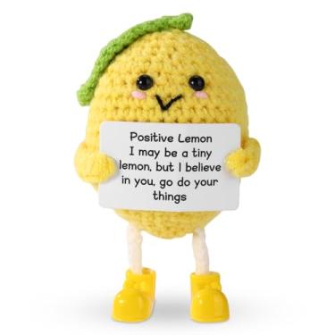 Imagem de TOYMIS Limão positivo e divertido, 11 cm boneco de limão de crochê motivo com cartão suporte mini brinquedo tecido à mão presente incentivo e alegria para aniversário decoração da casa