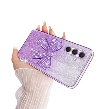 Imagem de TSAYGFK Capa compatível com Samsung A54 5G para meninas e mulheres, cristal TPU macio, brilhante, fofo, com glitter, laço 3D com cordão à prova de choque, capa protetora para Galaxy A54 5G, violeta