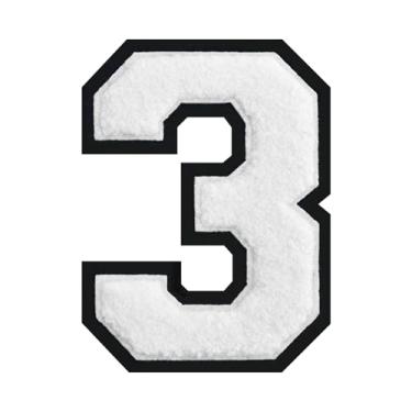 Imagem de Patch de chenille branco número 3 de 15 cm com borda preta, passar a ferro ou costurar para uniformes esportivos, moletons com capuz, mochilas, contraste ousado e à prova de desbotamento (3)