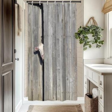 Imagem de Heevnttiy Cortina de chuveiro rústica para porta de celeiro para banheiro vintage rural tábua de madeira cortinas de chuveiro lindas ovelhas fazenda decoração de banheiro lavável tecido de poliéster