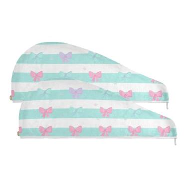 Imagem de SEHANY Linda toalha de cabelo de microfibra com laço rosa para mulheres, 2 peças, turbantes de cabelo de secagem rápida com botão, touca de cabelo seco absorvente toalha de secagem de cabelo para