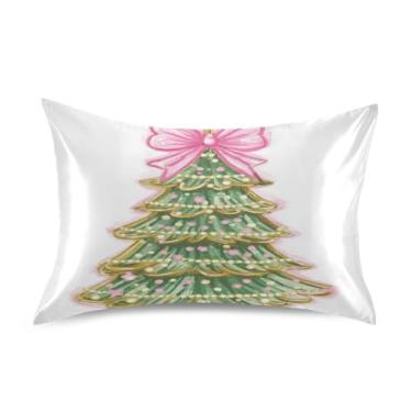 Imagem de ATTX Fronha de almofada de árvore de Natal com laço rosa com fecho de envelope para cabelo e pele, macia, respirável, suave, ambos os lados, capa de almofada de seda refrescante (Queen 50 cm × 76 cm