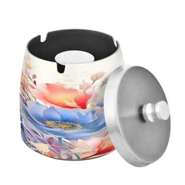 Imagem de Blueangle Cinzeiro de flores em aquarela com tampa para cigarros, à prova de vento/chuva, aço inoxidável, sem fumaça, inodoro, cinzeiro para uso interno ou externo (219)