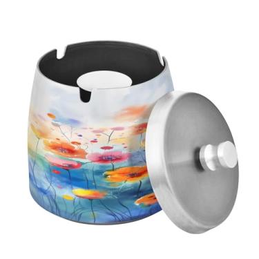 Imagem de Blueangle Cinzeiro colorido para pintura em aquarela com tampa para cigarros, à prova de vento/chuva, aço inoxidável, sem fumaça, inodoro, cinzeiro para uso interno ou externo (296)