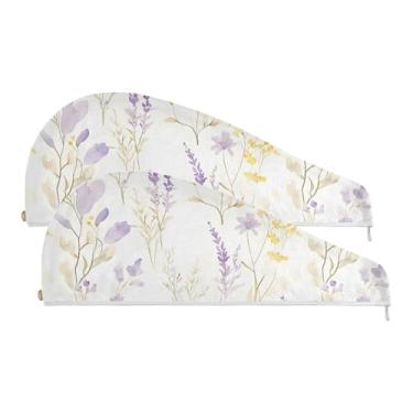 Imagem de SEHANY Toalha de cabelo de microfibra de flores coloridas elegantes para mulheres, 2 peças, turbantes de cabelo de secagem rápida com botão, touca de cabelo seco absorvente toalha de secagem de cabelo