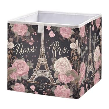 Imagem de SEHANY Caixa de armazenamento dobrável com flores da Torre Eiffel, organizador de tecido grande, dobrável, para roupas, brinquedos, livros, armário, berçário, 28 x 28 x 28 cm