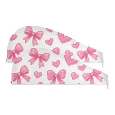 Imagem de SEHANY Linda toalha de cabelo de microfibra com laço rosa para mulheres, 2 peças, turbantes de cabelo de secagem rápida com botão, touca de cabelo seco absorvente toalha de secagem de cabelo para