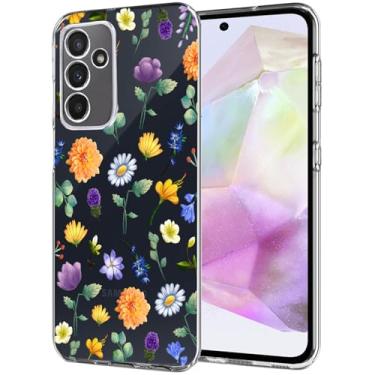 Imagem de Unov Capa compatível com Galaxy A35 5G transparente com flores florais jardim feminino em relevo padrão TPU macio absorção de choque capa traseira protetora fina
