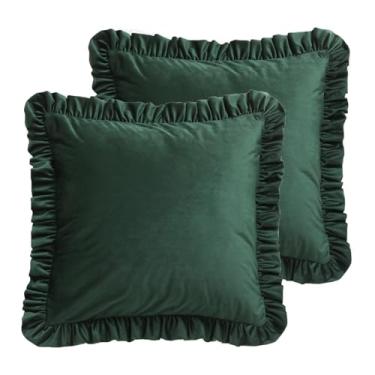 Imagem de bilin gaier Capas de almofada de designer para sofá 56 x 56 cm, capa de travesseiro lombar durável de veludo macio verde escuro com babados, fronhas decorativas de fazenda para cama, sala de estar