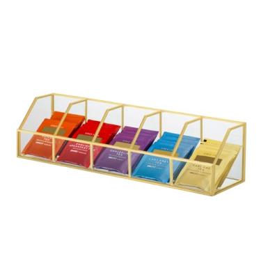 Imagem de NCYP Organizador de saquinhos de chá de vidro com 5 compartimentos, expositor de bancada interno, caixa de armazenamento sem tampa, suporte de armazenamento de saquinho de chá dourado, decoração, 35 x