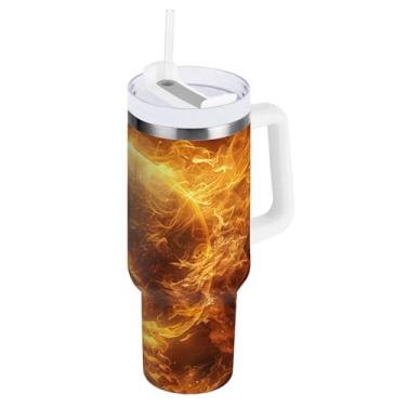 Imagem de STAYTOP Copo de caveira chama de Halloween de 850 g com tampa e canudo, copo isolado de aço inoxidável durável à prova de vazamento com alça, garrafas de água à prova de derramamento para viagens