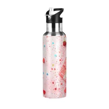 Imagem de Wassud Garrafa de água isolada de aço inoxidável de 623 g com canudo para dia dos namorados, coração e presentes, copo portátil de viagem para esportes ao ar livre