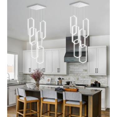 Imagem de Lustre moderno de 3 anéis com LED, dimerizável, luminária pendente ajustável, luminária de teto embutida para hall de entrada, sala de estar e escadas, cor prata, 200 cm