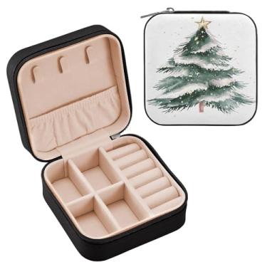 Imagem de Wassud Caixa de joias de viagem com árvore de Natal com neve para mulheres, meninas, senhoras, noiva, mini organizador de joias de couro PU, caixa quadrada de armazenamento de joias para brincos