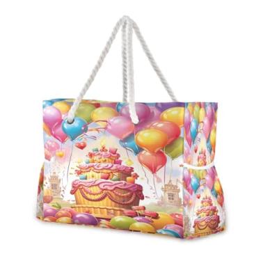 Imagem de Wassud Bolsa de praia com balões coloridos e bolo, bolsas de praia grandes para mulheres, impermeável, à prova de areia, bolsa de viagem com zíper e bolso para piscina, academia, acampamento