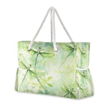 Imagem de Wassud Bolsa de praia libélulas verdes (2) bolsas de praia grandes para mulheres, à prova d'água, à prova de areia, bolsa de viagem com zíper e bolso para piscina, academia, acampamento