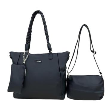 Imagem de Kit 3 Peças Bolsa Feminina Estilo Tote, Couro Sintético, Preta, com Alça Trançada, Bolsa Transversal e Necessaire