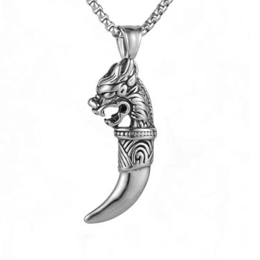 Imagem de Colar masculino gótico punk hip hop rock tribo viking cabeça de lobo totem dente de lobo, aço inoxidável 316L, corrente de pérola quadrada de aço inoxidável prata, joia retrô, Standard, Aço