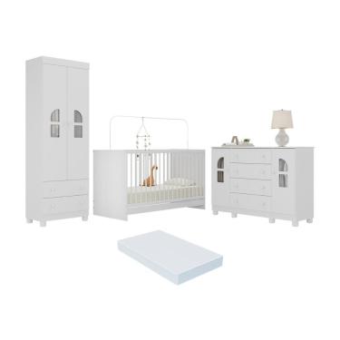 Imagem de Quarto De Bebê Completo Com Berço 3 Em 1 Com Colchão Incluso Nina Multimóveis MP4578 Branco