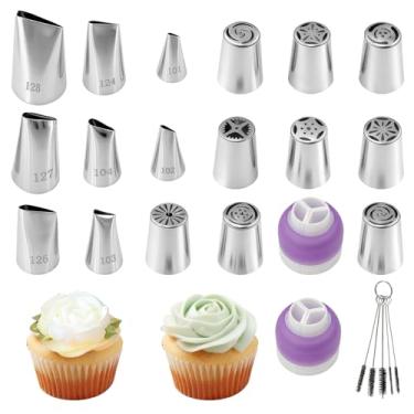 Imagem de 20 peças de ferramentas de flor de confeiteiro com 8 peças de ponta de tubulação russa, 9 peças de pontas de tubulação de flor de rosa e 2 peças acopladores de saco de confeitar de 3 cores para bicos