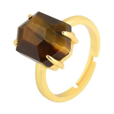 Imagem de Anel De Luxo Feminino Em Ouro Com Pedra Natural Cristal Olho De Tigre 