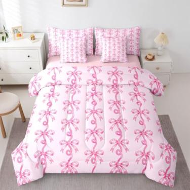 Imagem de Erosebridal Jogo de cama casal com laço de fita rosa, 7 peças, para meninas | Conjunto de edredom com laço rosa princesa com lençol de cima, lençol de cima, bonito kawaii com laço