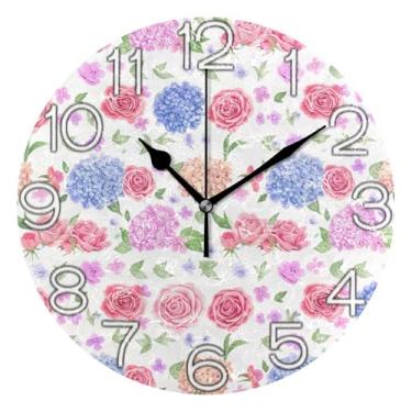 Imagem de Relógio de parede decorativo analógico escritório cozinha relógio estético silencioso sem tique-taque, decoração de parede vintage, rosa primavera pastel aquarela, 25 cm, ponteiros pretos