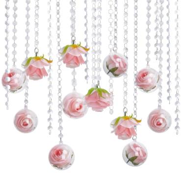 Imagem de SOFPLATE 12 conjuntos de suportes de luz de chá pendurados para casamento com guirlanda de cristal acrílico anéis de rosas artificiais decoração de teto DIY suporte de luz de chá flutuante kit de