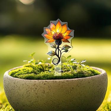 Imagem de Estacas decorativas de jardim de flores de sol decorações de plantas em vaso de acrílico. Ideia de presente para Natal, aniversário, aniversário, dia dos namorados, celebrações.