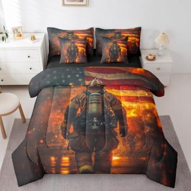 Imagem de jejeloiu Conjunto de edredom de bombeiro, solteiro, com bandeira americana, 7 peças, para meninos, meninas, adolescentes, bombeiros, carro, veículo, cama, em uma bolsa, respirável, decoração de quarto