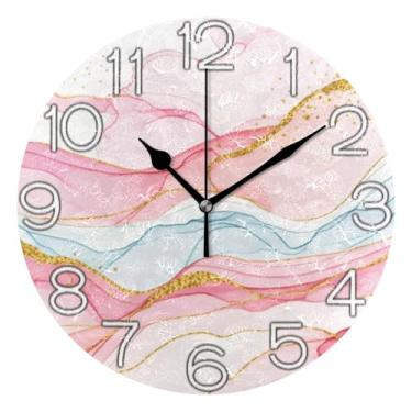 Imagem de Relógio de parede analógico artístico rosa pastel dourado decorativo escritório cozinha relógio operado por bateria silencioso, decoração de parede retrô moderna art deco, 25 cm, ponteiros dourados