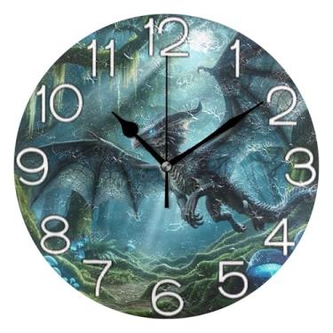Imagem de GAIGEO Relógio de parede decorativo analógico para sala de aula, relógio de escritório, funky alimentado por bateria, retrô moderno art déco decoração de parede fantasia dragão floresta azul-petróleo