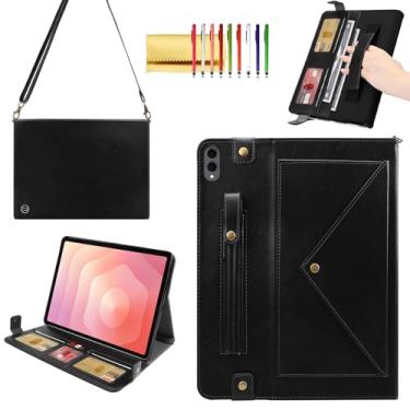 Imagem de Capa de mão para Samsung Galaxy Tab S11 Ultra, Techcircle Folio Stand PU Couro Envelope Bolso Capa Carteira com Suporte para Caneta S e compartimentos para cartões, alça de mão e alça de ombro, preta