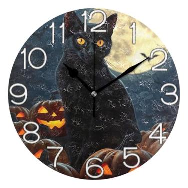 Imagem de GAIGEO Relógio de parede analógico decorativo relógio de cozinha bonito estético silencioso sem tique-taque, decoração de parede de casa de fazenda moderna Halloween gato abóbora preto, 25 cm