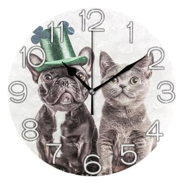 Imagem de GAIGEO Relógio de parede analógico decorativo operado por bateria relógio de sala de aula, decoração de parede vintage sala de estar fofo cachorro preto gato, 25 cm, ponteiros pretos