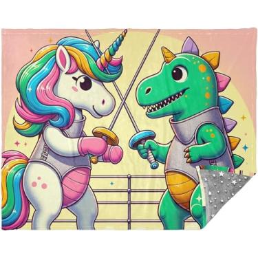 Imagem de Manta personalizada de desenho animado unicórnio dinossauro cobertor adulto mais macio para sofá-cama cobertor super macio 177,8 cm x 139,7 cm