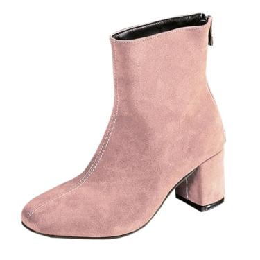 Imagem de Bota feminina de inverno casual plus size confortável bico quadrado curto zíper traseiro salto médio camurça, rosa, 38