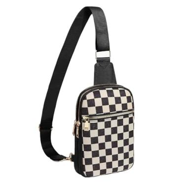 Imagem de Bolsa tiracolo feminina xadrez listrada pochete bolsa de peito para compras no trabalho, Preta (bolsa de peito) - Design afiado, Tendência