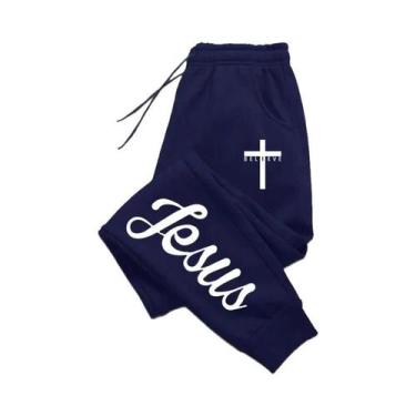 Imagem de Calças De Moletom Masculinas Com Cordão E Estampa De Cruz De Jesus, Co