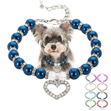 Imagem de Coleiras de pérolas para cães pequenos, elegante colar de pérolas para cães com strass de cristal, coleira de pérolas para gatos e meninas, coleira ajustável com contas para cães e gatos, azul