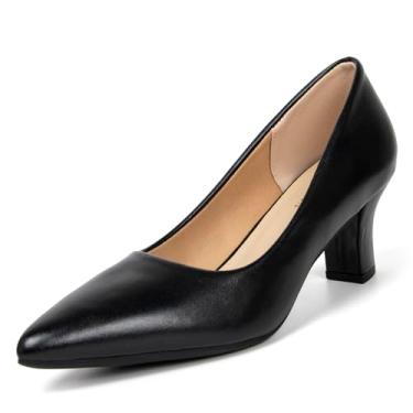 Imagem de qibusleen Sapato feminino elegante salto gatinho curto fechado bico fino bloco baixo sem cadarço para mulheres confortável trabalho escritório festa formal sapatos bomba 2,3 polegadas, Preto, 35