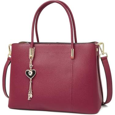 Imagem de FOXLOVER Bolsas femininas com alça superior de couro de grande capacidade, bolsas de ombro modernas com pingente em forma de coração, Vermelho, 11.3 x 8.46 x 4.72 inches