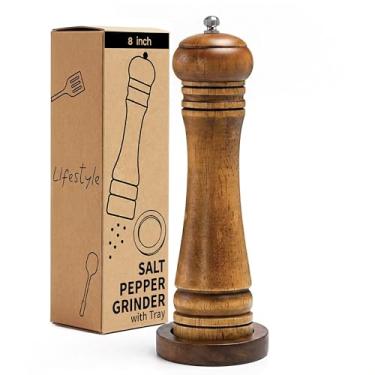 Imagem de M JINGMEI Moedor de sal e pimenta de madeira, moedor de sal e moedor de pimenta, coqueteleiras de madeira de carvalho com moedores de cerâmica ajustáveis (20.3 cm - 1 pacote com bandeja)