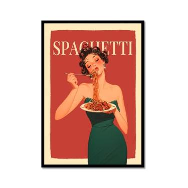 Imagem de Pôster Vintage Italian Foods Mulher Comendo Espaguete Pôsteres Ilustração Arte Pintura em Tela Impressão Massa Comida Cozinha Decoração de Parede (SKU2,12 x 16 polegadas = (30 x 40 cm), moldura de