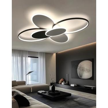 Imagem de Luminária de teto LED dimerizável, grande, moderna, oval, preta, para sala de estar, com controle remoto, iluminação decorativa de teto interna, luminária de teto em metal acrílico para quar