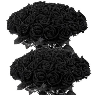 Imagem de Cloudecor 50 peças de flores artificiais de rosas negras falsas flores de seda de veludo falso para decoração de casamento em casa (rosas de pérola - preto puro)