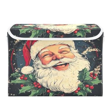 Imagem de SEHANY Linda caixa de armazenamento de Papai Noel de Natal com tampas e alças, organizador de cestas de armazenamento de tecido dobrável, caixas de armazenamento de cubos grandes para roupas, cobertor