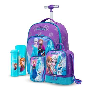 Imagem de Kit Escolar Frozen Mochila Rodinha Espaçosa Lancheira Térmica Estojo Duplo Garrafa 480ml Disney-Feminino