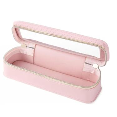 Imagem de Bolsa de maquiagem transparente de couro PU bolsa organizadora de armazenamento de cosméticos de grande capacidade (rosa)